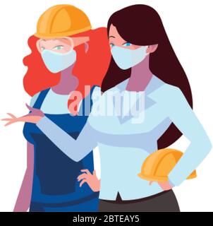 femmes industrielles travailleurs avec masques de visage dessin vectoriel Illustration de Vecteur