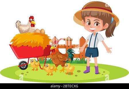 Scène avec la ferme et de nombreux poulets sur fond blanc illustration Illustration de Vecteur