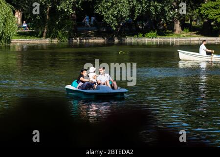 Personnes sur pédalo sur le lac dans le parc Cismigiu, Bucarest, Roumanie, 2020. Les gens qui marchent, s'amusent, s'amusent à l'extérieur dans le parc après la quarantaine ou le repos Banque D'Images