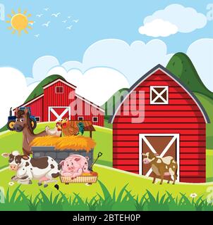 Scène de ferme avec de nombreux animaux sur l'illustration de la ferme Illustration de Vecteur