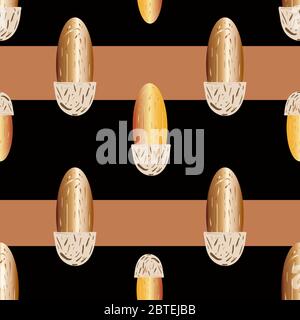 Fond de motif sans couture vectoriel de noix d'amande. Graines ovales dorées sur fond de rayures marron chocolat foncé. Coques de luxe horizontales géométriques Illustration de Vecteur