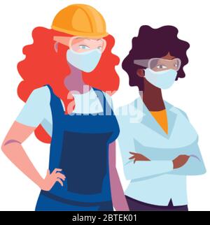 femmes industrielles travailleurs avec masques de visage dessin vectoriel Illustration de Vecteur