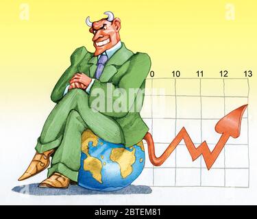 un financier au visage du diable forme un graphique économique avec son allégorie rouge de manque d'éthique dans la finance Banque D'Images