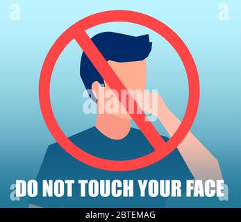 Vecteur d'un homme touchant son visage avec la main et le signe d'alerte de ne pas le faire. Alerte à coronovirus et concept d'hygiène personnelle. Illustration de Vecteur