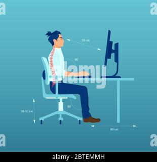 Vecteur d'un jeune employé de bureau avec une bonne ergonomie de position assise au bureau tout en travaillant sur un ordinateur Illustration de Vecteur