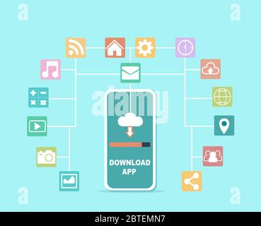 Vecteur d'un smartphone et de plusieurs icônes d'application sur fond bleu Illustration de Vecteur