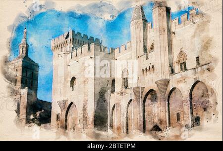 Peinture aquarelle de l'entrée du Palais des Papes à Avignon, France. Banque D'Images