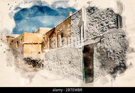 Peinture aquarelle de maisons en pierre ructique historiques dans un village grec. Banque D'Images