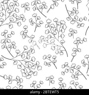 Branches délicates de contour noir avec petites fleurs ou feuilles sur fond blanc. Motif vectoriel sans couture. Contexte de l'automne éco-forêt Illustration de Vecteur