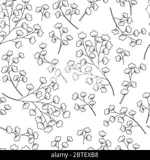 Branches délicates de contour noir avec petites fleurs ou feuilles sur fond blanc. Motif vectoriel sans couture. Contexte de l'automne éco-forêt Illustration de Vecteur