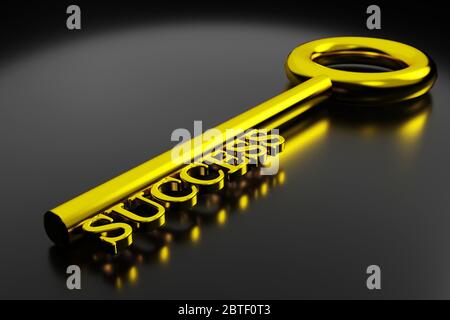 Clé du succès concept. Clé dorée brillante du succès isolé sur couleur noire avec réflexion, rendu 3D Banque D'Images
