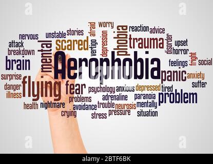 Aerophobie peur de voler le nuage de mots et la main avec le concept de marqueur sur fond blanc. Banque D'Images