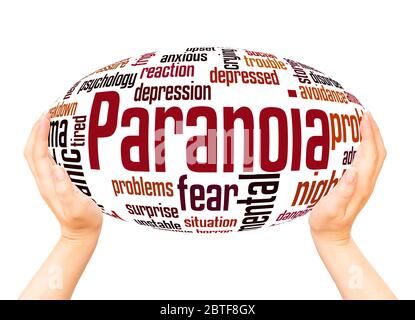 Paranoia mot main sphère nuage concept sur fond blanc. Banque D'Images