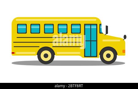 Bus scolaire jaune classique isolé sur fond blanc. Illustration vectorielle plate. Vue latérale du véhicule. Article de transport lié à l'école. Retour à l'élément de thème de l'école Illustration de Vecteur