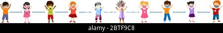Diversité Groupe d'enfants multiethniques et multiraciaux qui se portent et se protègent avec des masques médicaux et respectent la distance sociale. Illustration de Vecteur