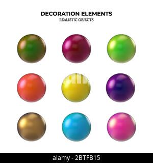 Jeu de boules 3D isolées sur blanc. Boules mates et brillantes en métal doré, rouge, bleu et noir. Sphère ronde brillante ou objets géométriques. Perle en métal et plastique. Illustration vectorielle Illustration de Vecteur