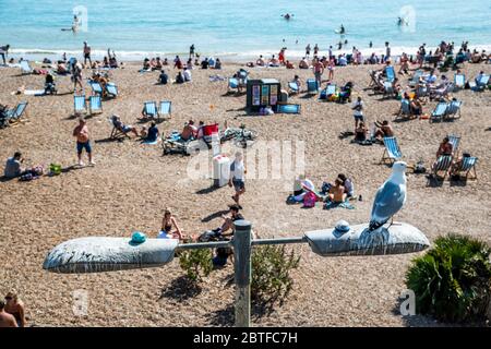 Brighton, Royaume-Uni. 25 mai 2020. Il est ensoleillé et les gens viennent à la plage et au bord de mer à Brighton, pendant les vacances de la banque lundi. Il est occupé mais encore plentyu de place pour la distanciation sociale. Le « verrouillage » facilité se poursuit pour l'épidémie du coronavirus (Covid, 19). Crédit : Guy Bell/Alay Live News Banque D'Images