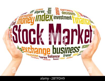 Concept de nuage de sphère de la main du mot de bourse sur fond blanc. Banque D'Images