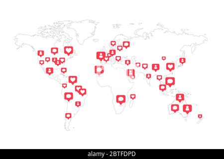 Carte mondiale avec de nombreuses icônes de commentaires et de goûts sociaux sur blanc Illustration de Vecteur
