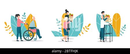 Aider les personnes âgées. Volontaires aidant les personnes âgées sur fond blanc, ensemble d'illustrations vectorielles. Style plat Illustration de Vecteur