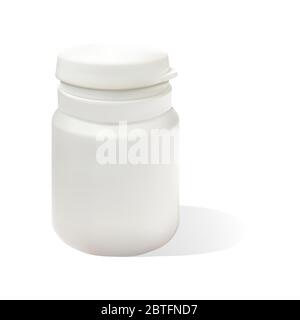 Bouteille en plastique blanc réaliste pour pilules. Modèle de maquette. Illustration vectorielle d'un petit pot isolé sur fond blanc. Illustration de Vecteur