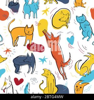 Motif vectoriel sans couture avec chats et chiens de couleur mignons dans différentes poses et émotions Illustration de Vecteur