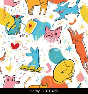 Motif vectoriel sans couture avec chats et chiens de couleur mignons dans différentes poses et émotions Illustration de Vecteur