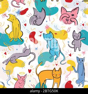 Motif vectoriel sans coutures avec chats amusants dans le style memphis Illustration de Vecteur