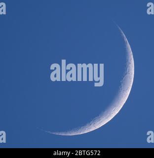 Wimbledon, Londres, Royaume-Uni. 25 mai 2020. Un croissant fin de 9.5% cirant Lune sur une soirée claire et chaude avec la mer des crises (Mare Crisium) clairement visible sur le bord droit. Crédit: Malcolm Park/Alay Live News. Banque D'Images