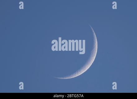 Wimbledon, Londres, Royaume-Uni. 25 mai 2020. Un croissant fin de 9.5% cirant Lune sur une soirée claire et chaude avec la mer des crises (Mare Crisium) clairement visible sur le bord droit. Crédit: Malcolm Park/Alay Live News. Banque D'Images