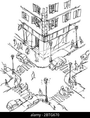 croquis architectural dessiné à la main du carrefour urbain avec des voitures et des personnes marchant sur le trottoir Illustration de Vecteur