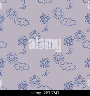 fleurs, nuages et soleil mignons motif vectoriel sans couture Illustration de Vecteur