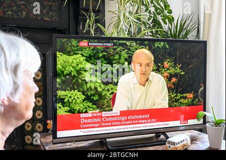 Dominic Cummings donne une conférence de presse télévisée après avoir enfreint le blocage du coronavirus. En ligne « Je sais que beaucoup de gens sont en colère contre moi ». Banque D'Images