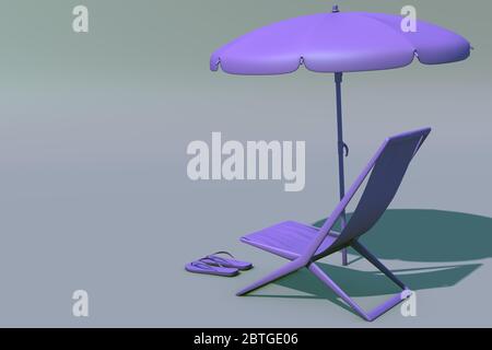 Rendu 3D du concept d'été. Chaise longue violette, tongs et parasol sur fond gris, soleil, voyage. Pas de vacances cet été. Banque D'Images