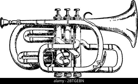 Le cornet, un instrument en laiton très semblable à la trompette, se distingue par son alésage conique, sa forme compacte, et sa qualité de ton plus doux, ligne vintage Illustration de Vecteur