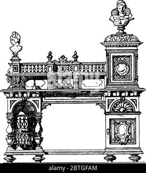 Table d'écriture moderne avec placards, tiroirs, pigeon-trous et étagères est souvent meublé avec des tableaux latéraux sous le dessus de table ayant un espace entre Illustration de Vecteur