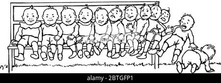 Petits enfants assis sur un banc les enfants du côté droit sont assis très près et un des garçons tombe de la banquette, vintage dessin de ligne ou e Illustration de Vecteur