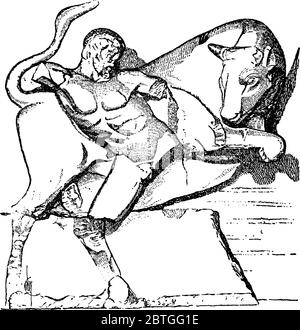 Hercules était le fils de Zeus (équivalent romain de Jupiter) et le mortel Alcmene, dans la mythologie grecque. La photo montre, Hercules avec le Bull, vinta Illustration de Vecteur