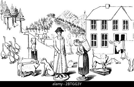 Petites figurines de jeu dans un cadre de ferme avec des animaux, des gens, des arbres et une maison, dessin de ligne vintage ou illustration de gravure. Illustration de Vecteur