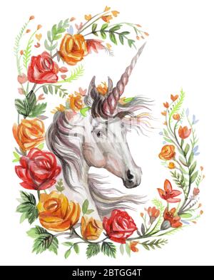 Magic unicorn recherche dans le profil en rose floral cadre boho, aquarelle illustration isolée sur fond blanc pour le design, cartes de vœux, papier. St Banque D'Images