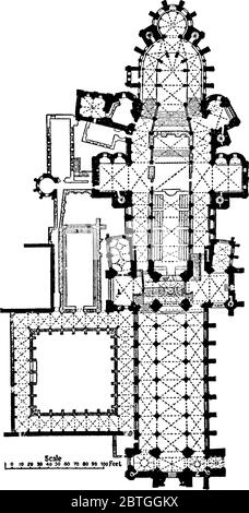 Une des plus anciennes et plus célèbres structures chrétiennes d'Angleterre et fait partie d'un site du patrimoine mondial, dessin de ligne vintage ou gravure illustrat Illustration de Vecteur