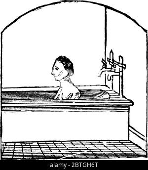 Un homme prenant le bain dans une baignoire remplie d'eau. Bath est un acte d'exposer le corps, à des fins de propreté et de santé, à l'eau ou à la vapeur, vintage Illustration de Vecteur