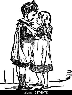 Un petit garçon déguisé en roi, sur le point de câlin une petite fille, debout devant lui, dessin de ligne vintage ou illustration de gravure. Illustration de Vecteur