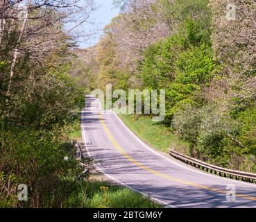 US route 62 dans les bois dans le comté de Venango, Pennsylvanie, USA, le jour de printemps ensoleillé. La route 62 est la seule route qui relie le Canada au Mexique. Banque D'Images