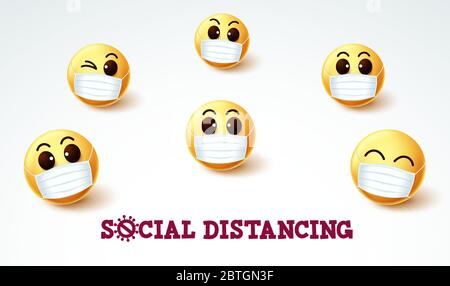 Émotiji smiley social distancing signe vecteur. Social distancer émotiji smileys portant un masque pour Covid-19 coronavirus mesure préventive. Illustration de Vecteur