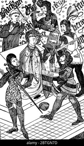 Martyre de Saint Thomas à la cathédrale de Canterbury, dessin de ligne d'époque ou illustration de gravure. Illustration de Vecteur