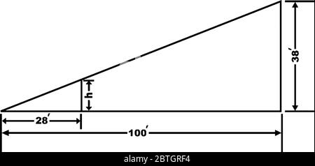 Triangle à angle droit avec base de 100 pouces et côté perpendiculaire de 38 pouces, dessin de ligne vintage ou illustration de gravure. Illustration de Vecteur