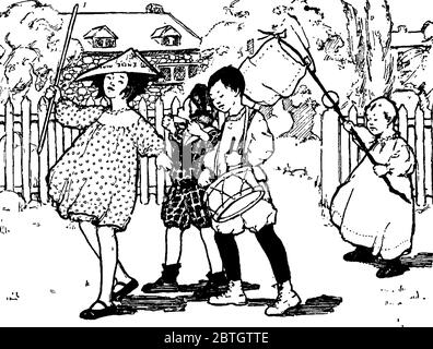 Représentation typique d'un groupe de petits enfants jouant des instruments de musique et marchant avec une fille sur leur plomb, dessin de ligne vintage ou engr Illustration de Vecteur
