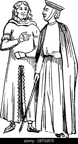 Une représentation typique du costume anglais porté à l'époque d'Edward III Deux hommes vêtus de ce costume, en parlant l'un à l'autre, sont illustrés ici Illustration de Vecteur