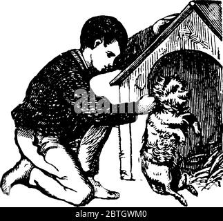 Un jeune garçon jouant avec son chien devant la cage du chien et le chien est debout sur ses deux pieds, dessin de ligne vintage ou illustration de gravure. Illustration de Vecteur